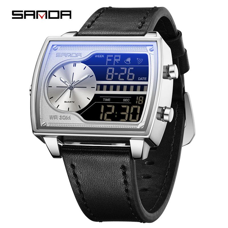 SANDA 6163 Fashion Trend Quartz Watches Fashion Men's Square Watch Countdown Sports Waterproof Dual Display Digital Mens Watch