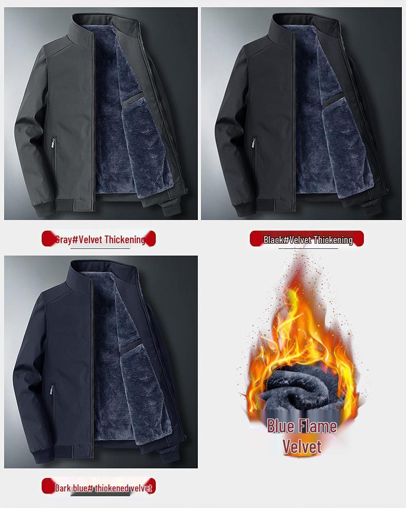 Men's Plus Velvet Thickened Stand Collar Jacket - Warm Autumn & Winter Outerwear for Middle-Aged and Elderly