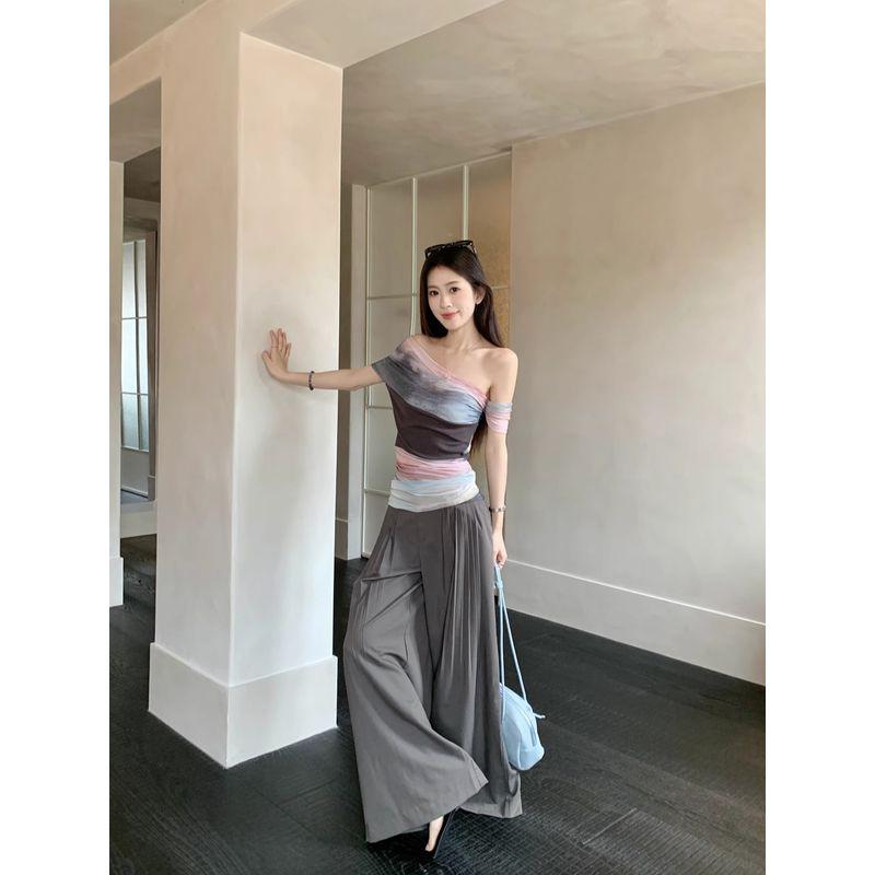 Kumikumi Fashion Set Retro Blooming Print off-the-Shoulder T-shirt Women Summer Casual Pants Wide Leg Pants Two-piece Set