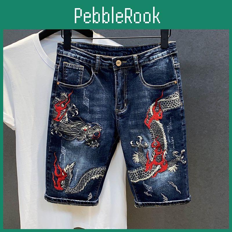 Retro Jeans Dragon Embroidered Men Street Hiphop Retro Loose Straight Shorts Loose Casual Denim Shorts