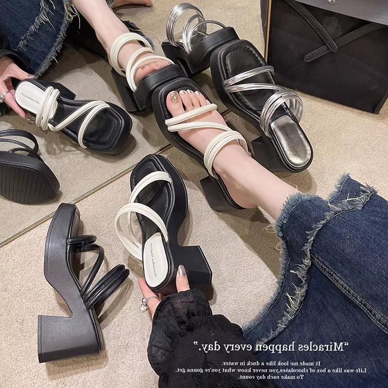 Muffin Thick-soled Small Man Heightened Thick-heeled Slippers Women's Outer Wear 2025 Summer New Fashionable French High-heeled Sandals