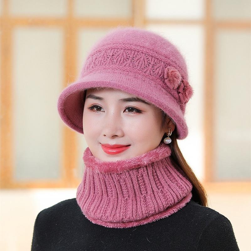 Middle-aged and old knitted rabbit fur hat women's autumn and winter plush warm wool hat hat