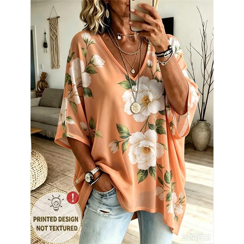 T-shirt da Donna Taglie Forti con Scollo a V e Maniche a Pipistrello Stampa Etnica Bohemien Top Largo Estivo Comodo Traspirante per il Pendolarismo Quotidiano Casual