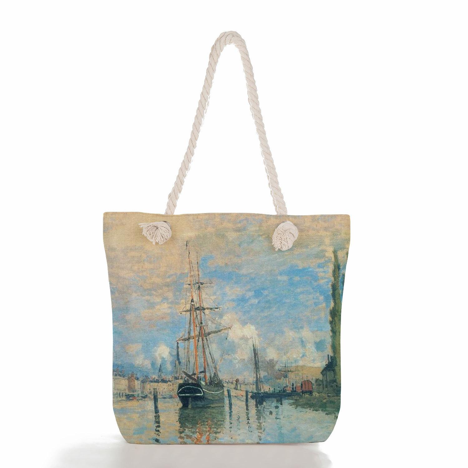 Creative oil painting print thick rope single-shoulder beach bag 7267