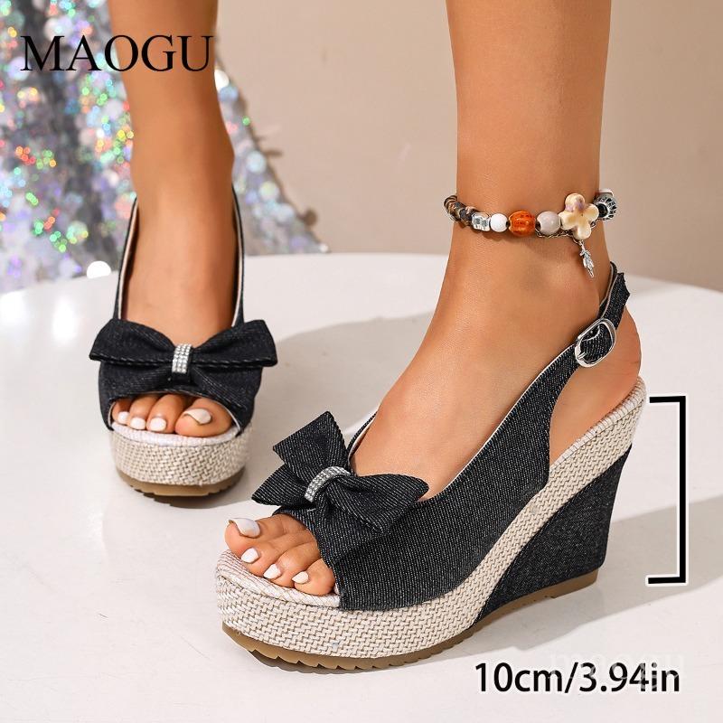 Peep Toe Bow-Knot Slingback Sandals Espadrille Platform Wedges Breathable Denim Sandals Ankle Strap Casual Summer Shoes Woman