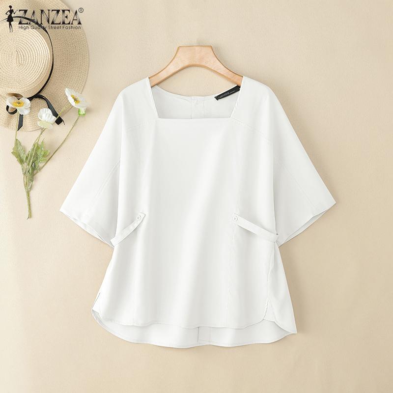 ZANZEA Women Casual Square Collar Summer Short Sleeve Blouse