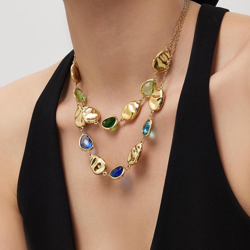 Elegant Multi-Faceted Glass Stone Clavicle Necklace - Transparent Water Drop Design, Light Luxury Style, Stainless Steel