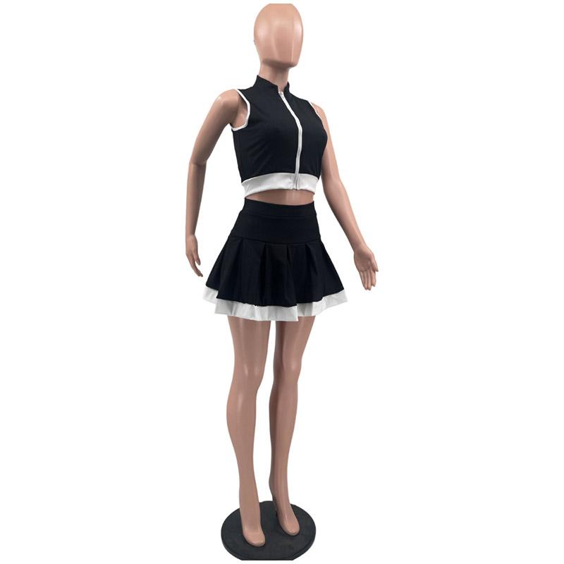Fashion Casual Contrast Color Stitching Pleated Short Skirt Ladies Two-piece Summer Sports Stitching Ladies Suit High Street