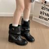 Winter Pleated Women Western Ankle Boots Fashion Rivet Belt Buckle Shoes Ladies Concise Vintage Thick Heel Short Booties
