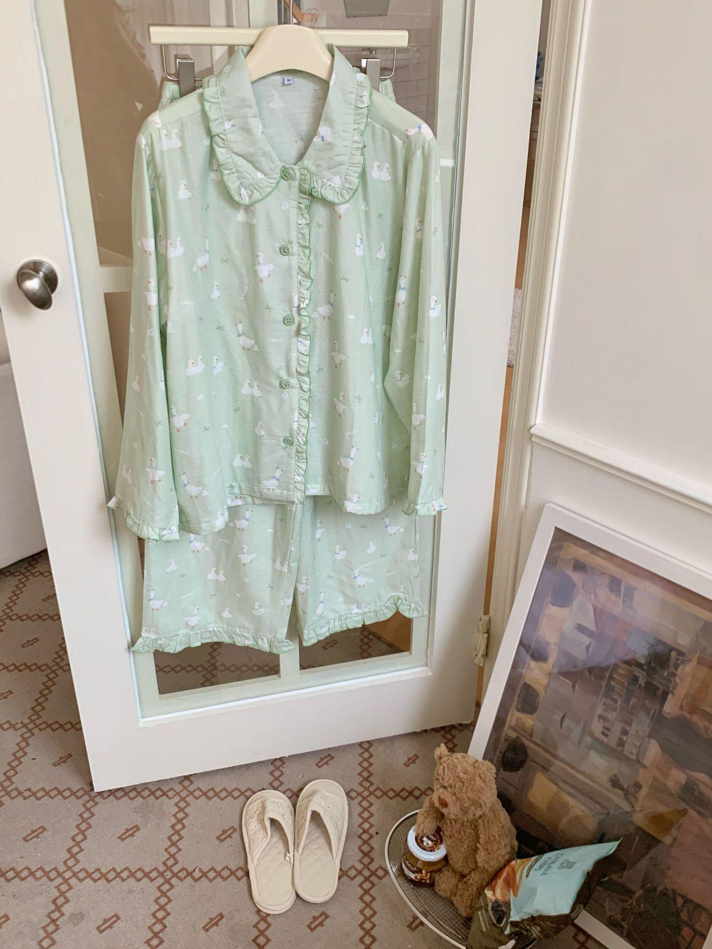 

Зеленый хлопковый пижамный комплект с кружевным воротником «Утка»: Двухслойный, с длинным рукавом, длинные брюки. L (160-170CM, up to 135 lbs)