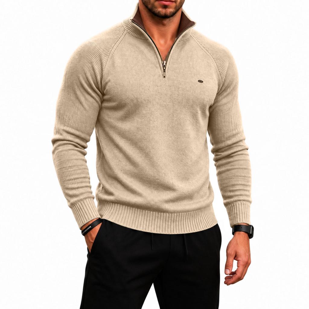 Herren Rippstrick Pullover mit halbem Reißverschluss und Stehkragen für Herbst und Winter