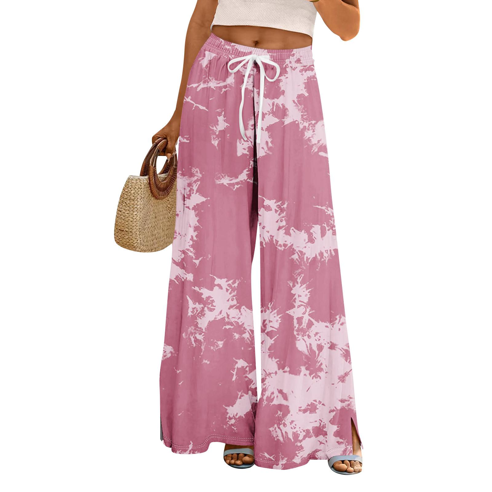 

Женские летние брюки-палаццо в стиле бохо с высокой талией, широкие повседневные брюки с цветочным принтом и карманами S розовый
