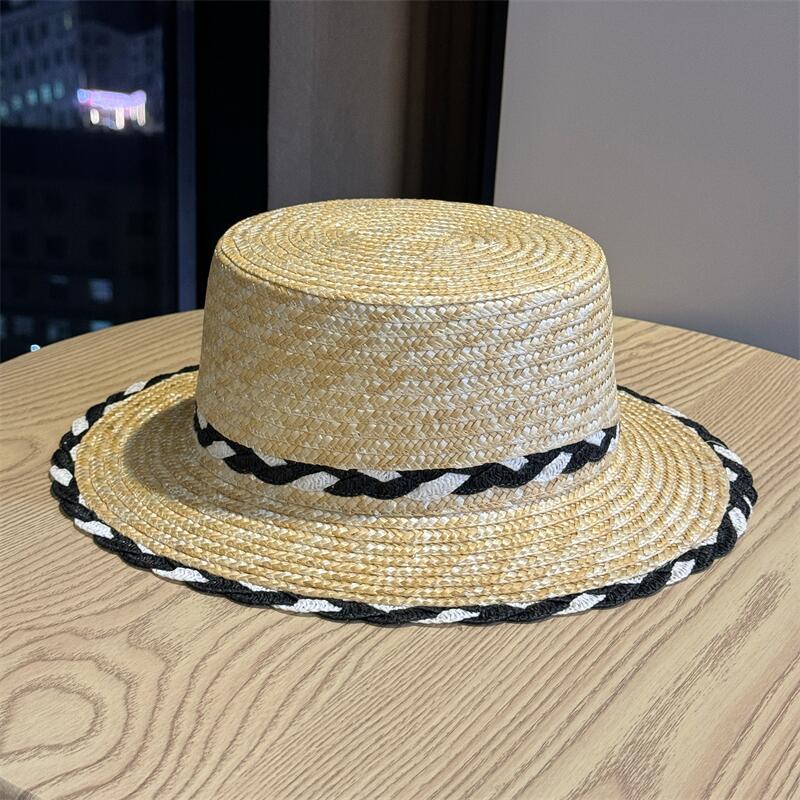 

Korean-style seaside vacation flat-top hat for women, summer fresh and trendy straw hat, sun protection, beach woven hat Adult54-60Adjustable чёрный