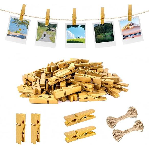 jijAcraft Mini Clothesp with String - 100Pcs Small Wooden Clothes P, Natural Brown Photo Hanging Clips, Craft Clips for Picture, Cocktails Decor,