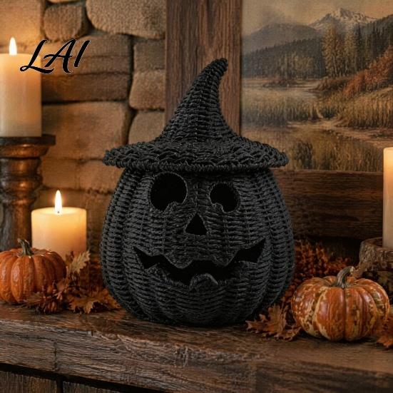 Dunkle Retro-Party-Ornamente Kunst rattan Kürbisfigur Halloween Schwarze Harzstatue mit Hexe Herbst-Feiertags-Fensterdekoration Hut Rustikaler Weidenkorb