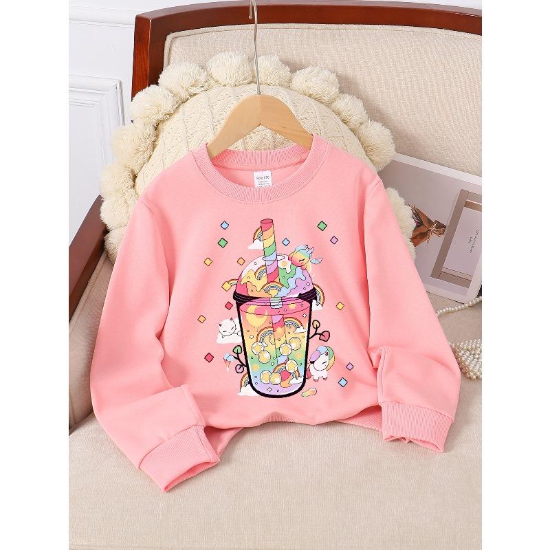 Kids Crewneck Sweatshirt, Rainbow Unicorn Bubble Tea Creative Print,Daily Casual Top for Spring & Autumn