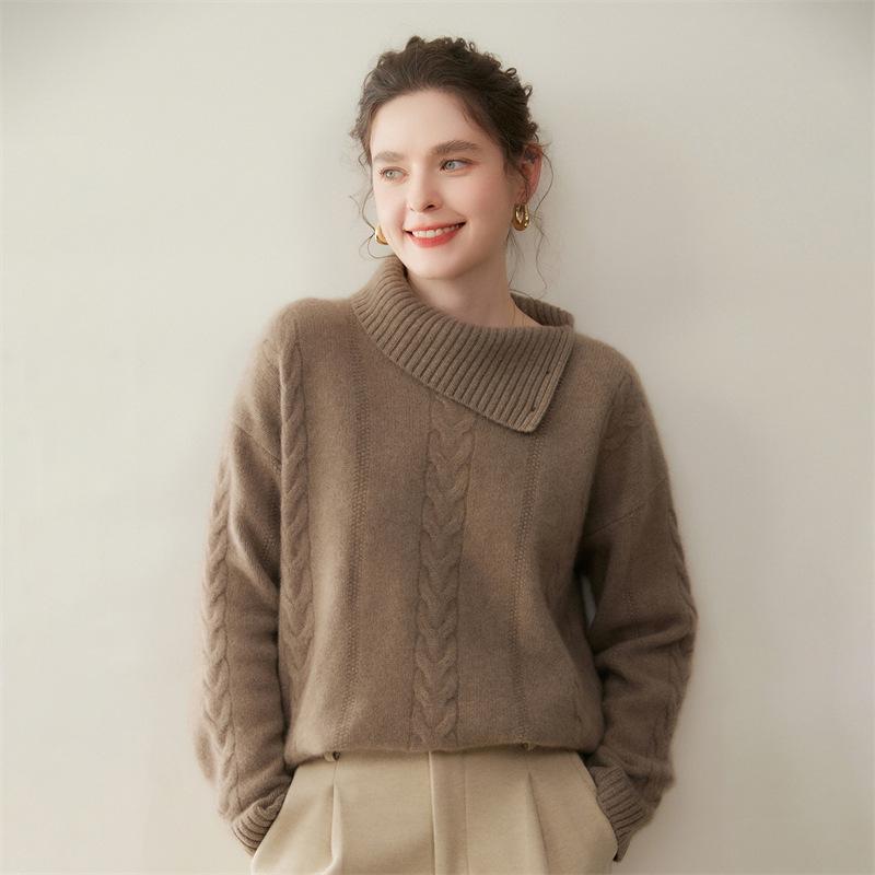 Women's Thickened Cashmere Cable Knit Sweater - Solid Color Base Layer Top for Autumn & Winter