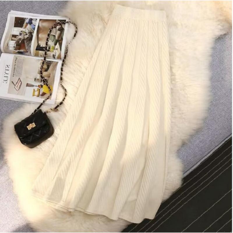 Knitted Skirt for Women In Spring and Autumn Mid Length High Waisted A-line Skirt Pleated Skirt