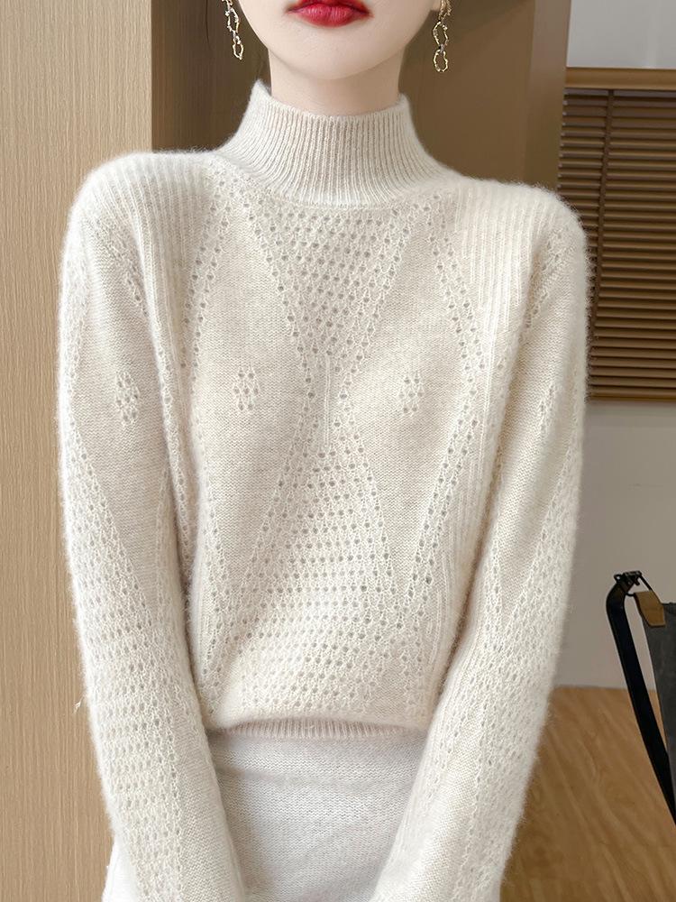 Women's Diamond Lace Wool Sweater - Autumn/Winter Solid Color Knit Top