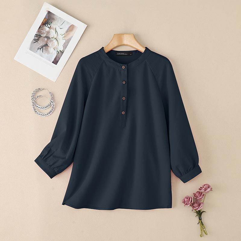 

ZANZEA Женская повседневная блузка с круглым вырезом, однотонная, свободного кроя, с длинным рукавом S