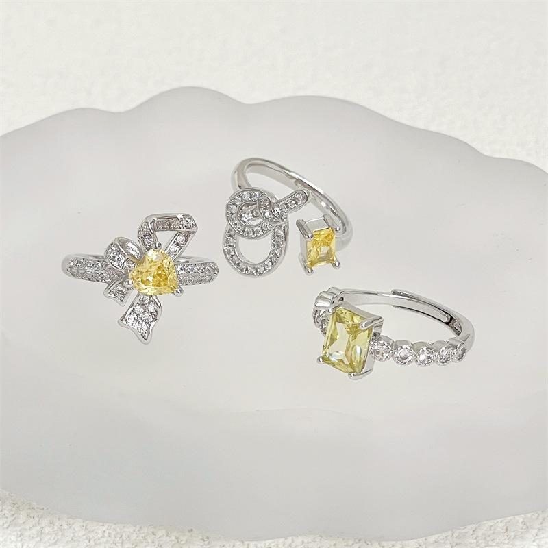 Caibao Open Ring Light Luxury High-End Bow Yellow Diamond Set Niche Design Ring