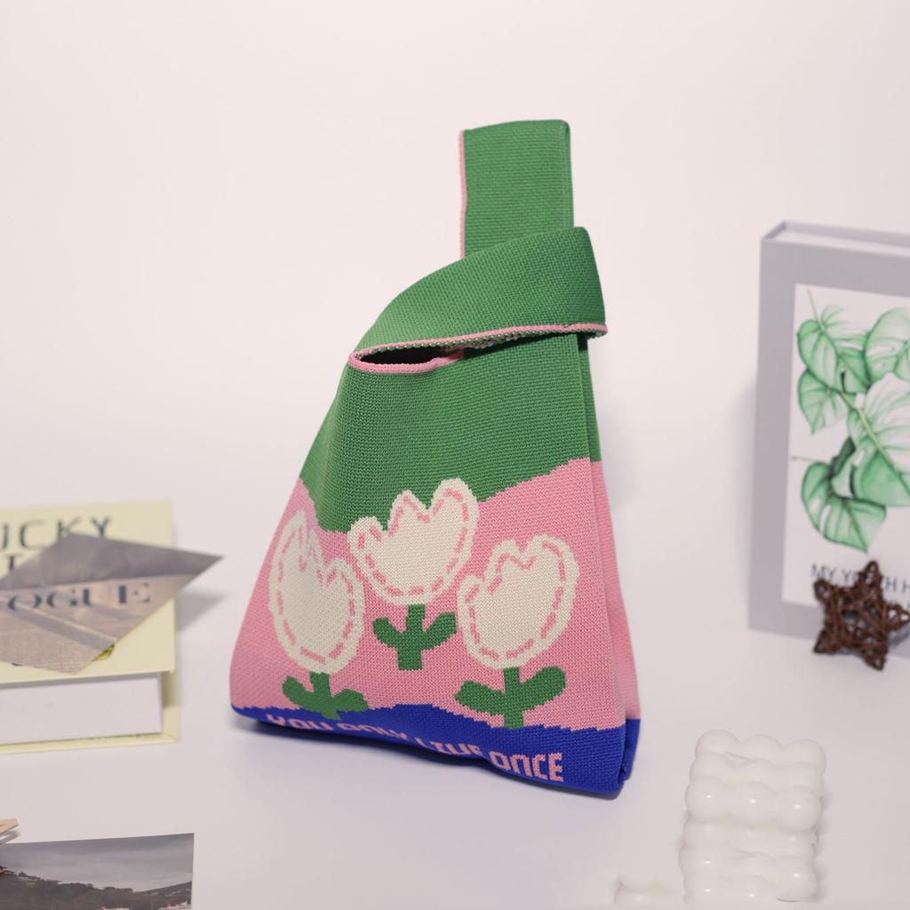 Women's Knot Wrist Bag Handmade Knitted Bag Portable Mini Striped Tote Bucket Phone Bags Large Capacity Autumn Winter Handbags