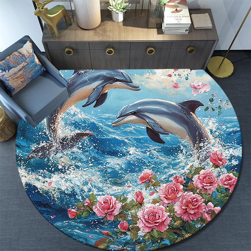 Dolphins Round Area Rug,Carpet Rug for Living Room Bedroom Sofa Playroom Decor,Non-slip Floor Mat