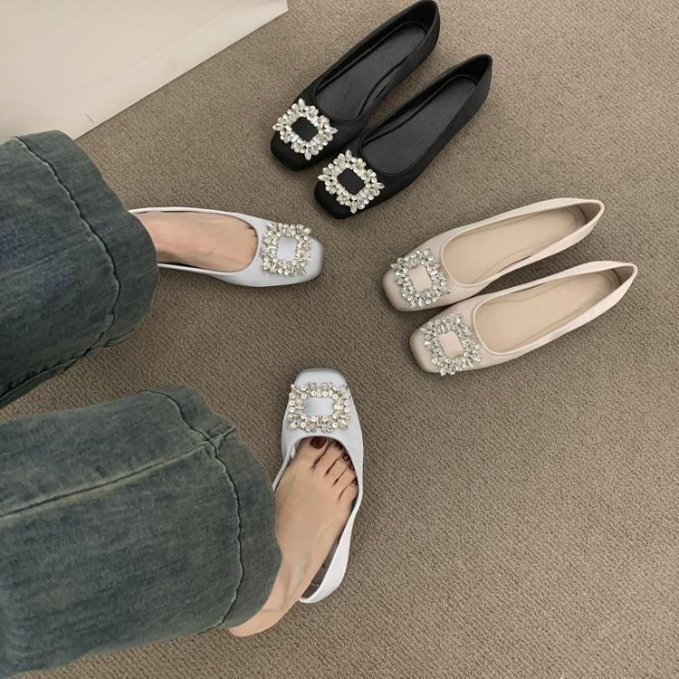 French flat-bottomed high-end rhinestone square buckle satin single shoes for women's spring 2025 new gentle wind evening shoes