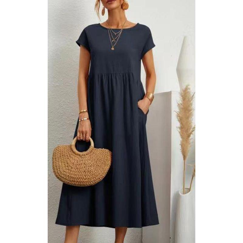 Short-Sleeve Pocket Women's Dress Short Sleeve Loose Pockets round Neck Pleating Dress