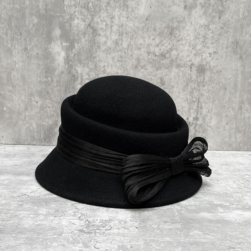 French Celebrity Retro Hepburn Style Silk Hemp Big Bow Woolen Basin Hat Female Convex Top Elegant Top Hat Autumn And Winter