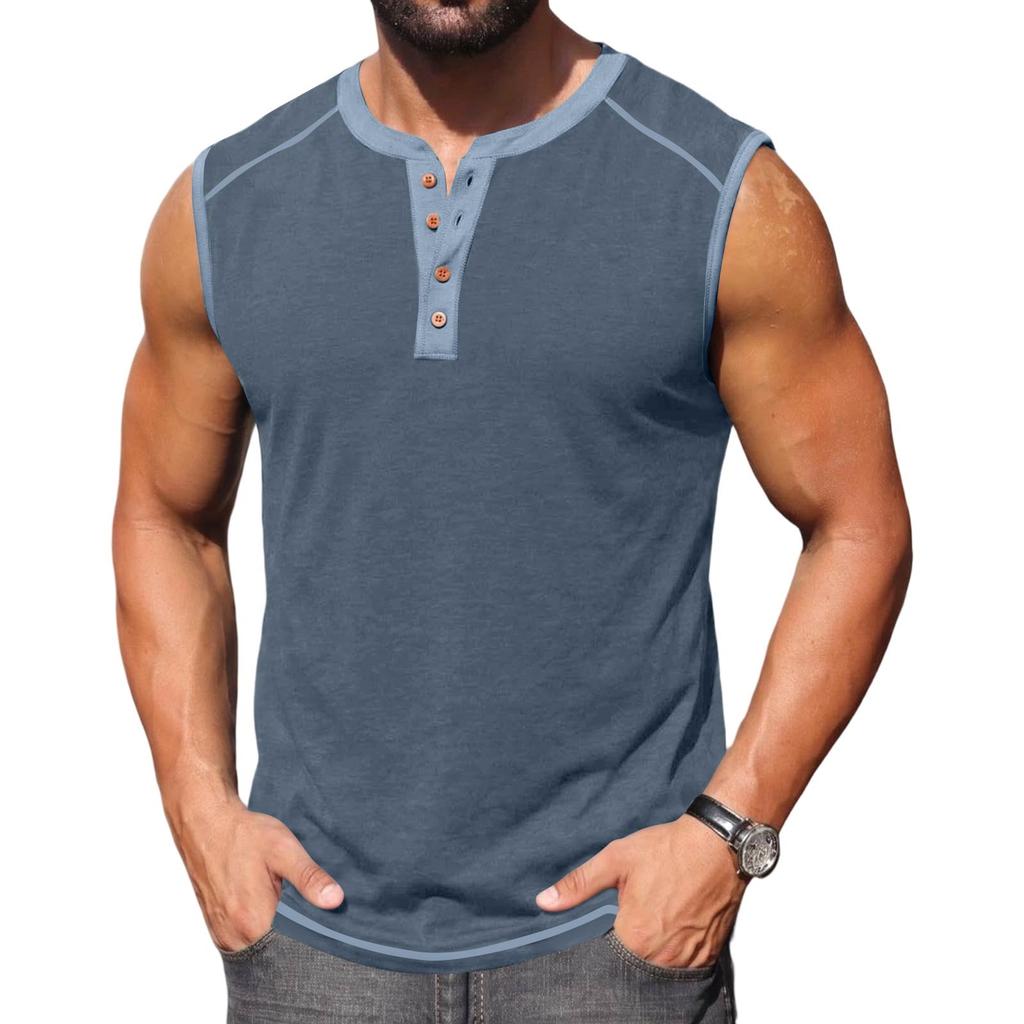 Men Sleeveless Henley Shirt Casual Athletic Tank Top Button Front Muscle Fit Summer Workout Shirt for Outdoor Sports