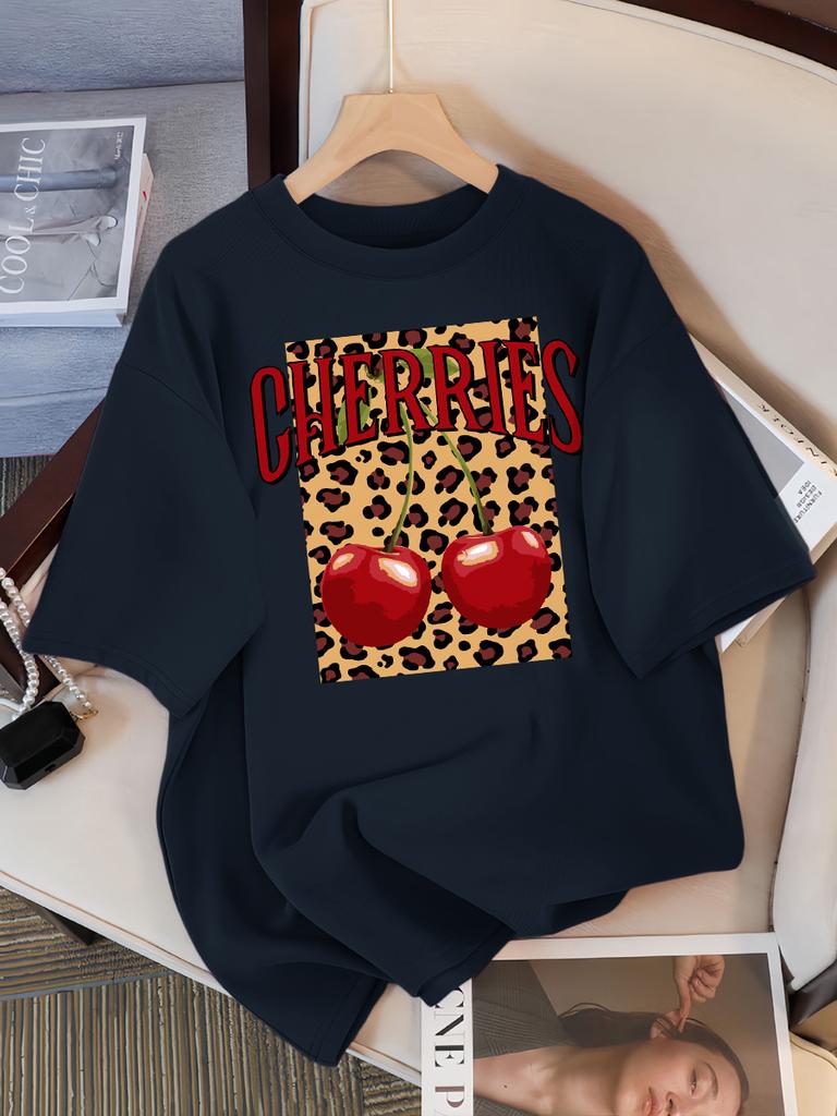 Leopard Cherry Creative Design Womens Tee Shirts Cotton Casual T Shirt Summer O-Neck Streetwear Soft Oversized Short Sleeve