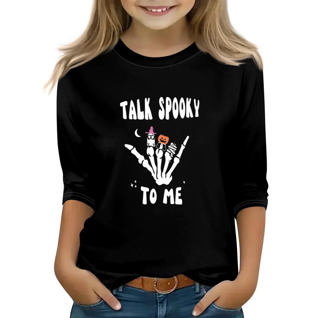 Print Tops For Youth Girls Round Neck 3/4 Sleeves T-Shirts Trendy Tops Outfit Tees