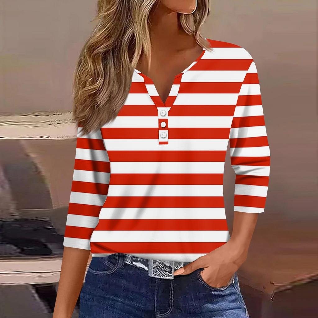 3/4 Length Sleeve Womens Tops Print Vintage Fashion Casual Loose With V Neck Plus Size Shirts Independence Day