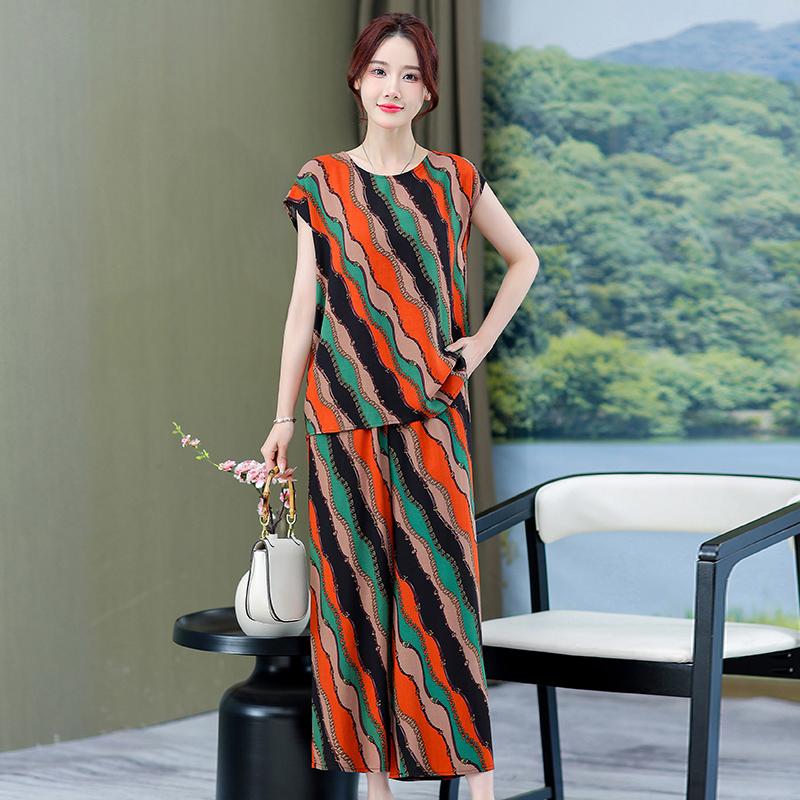 Plus Size Summer Pants Sets for Women  Elegant Loose Vintage Print 2 Piece Outifts