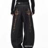 Mens Relaxed Fit Wide Leg Denim Pants With Cross Embroidery Gothic Vintage Style Straight Cut Jeans