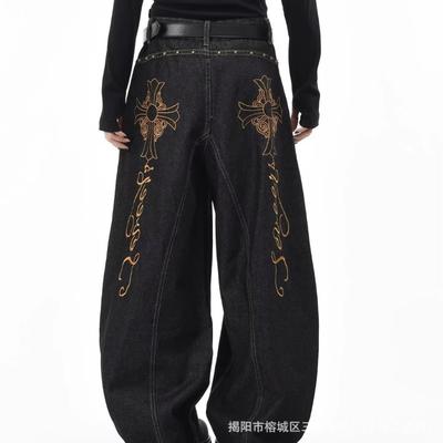 Mens Relaxed Fit Wide Leg Denim Pants With Cross Embroidery Gothic Vintage Style Straight Cut Jeans