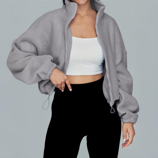 Women's Zip Drawstring Fleece Short Jacket Full Hem Stand Collar Warm