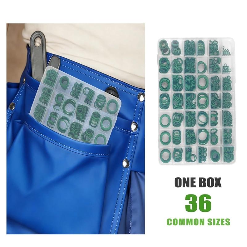595 Piece Air Conditioning O Gasket Kit, 36 Size Green Rubber O Gasket Set with Size References In Storage Case for Repair Use and Maintenance
