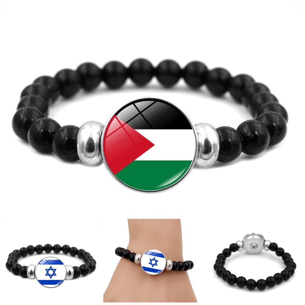 Israel Palestine Flag Gemstone Bracelet Unisex Black Beaded Jewelry Wholesale