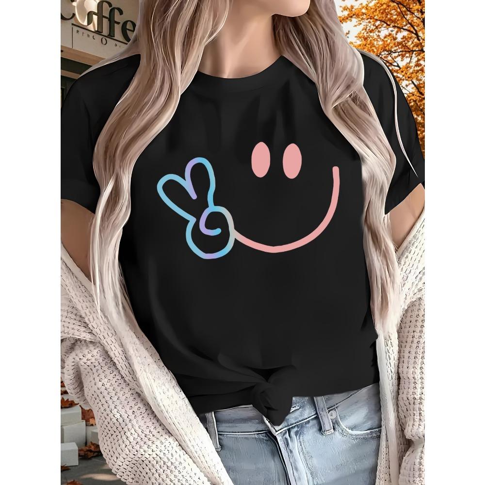 O Neck T Cute and Happy Face Creative Pattern Printed Summer Women Top Short Sleeve Round Neck Tee Women Clothing