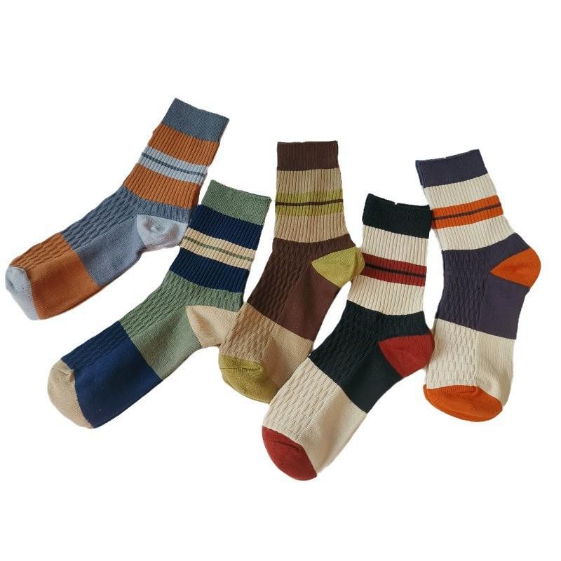 Men's Double-Needle Striped Mid-Calf Socks - Thick Warm Cotton for Autumn/Winter