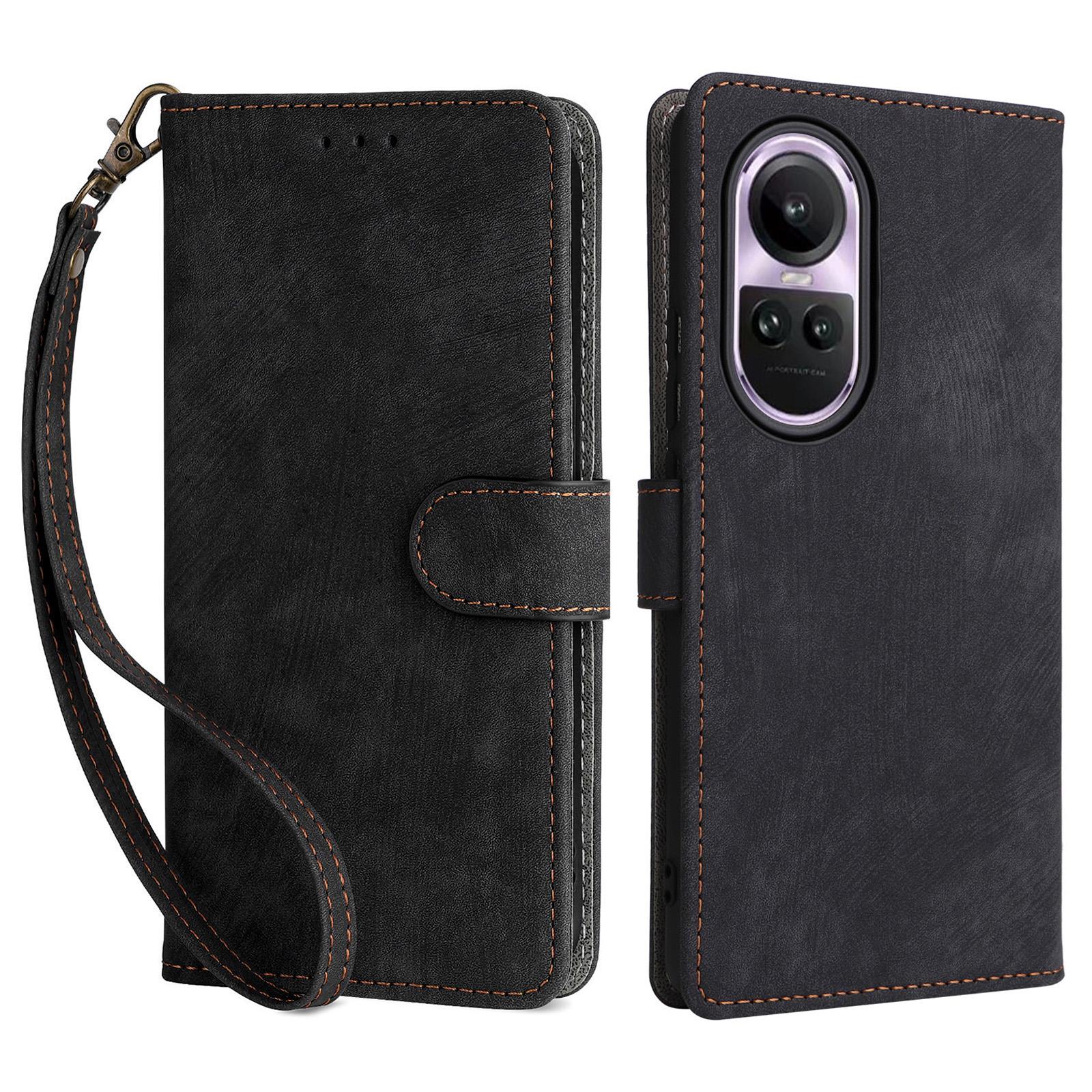 

For Oppo Reno10 5G CPH2531 (Global)/Reno10 Pro 5G CPH2525 (Global) Shockproof Cover RFID Blocking Leather Wallet Phone Case with Strap Black