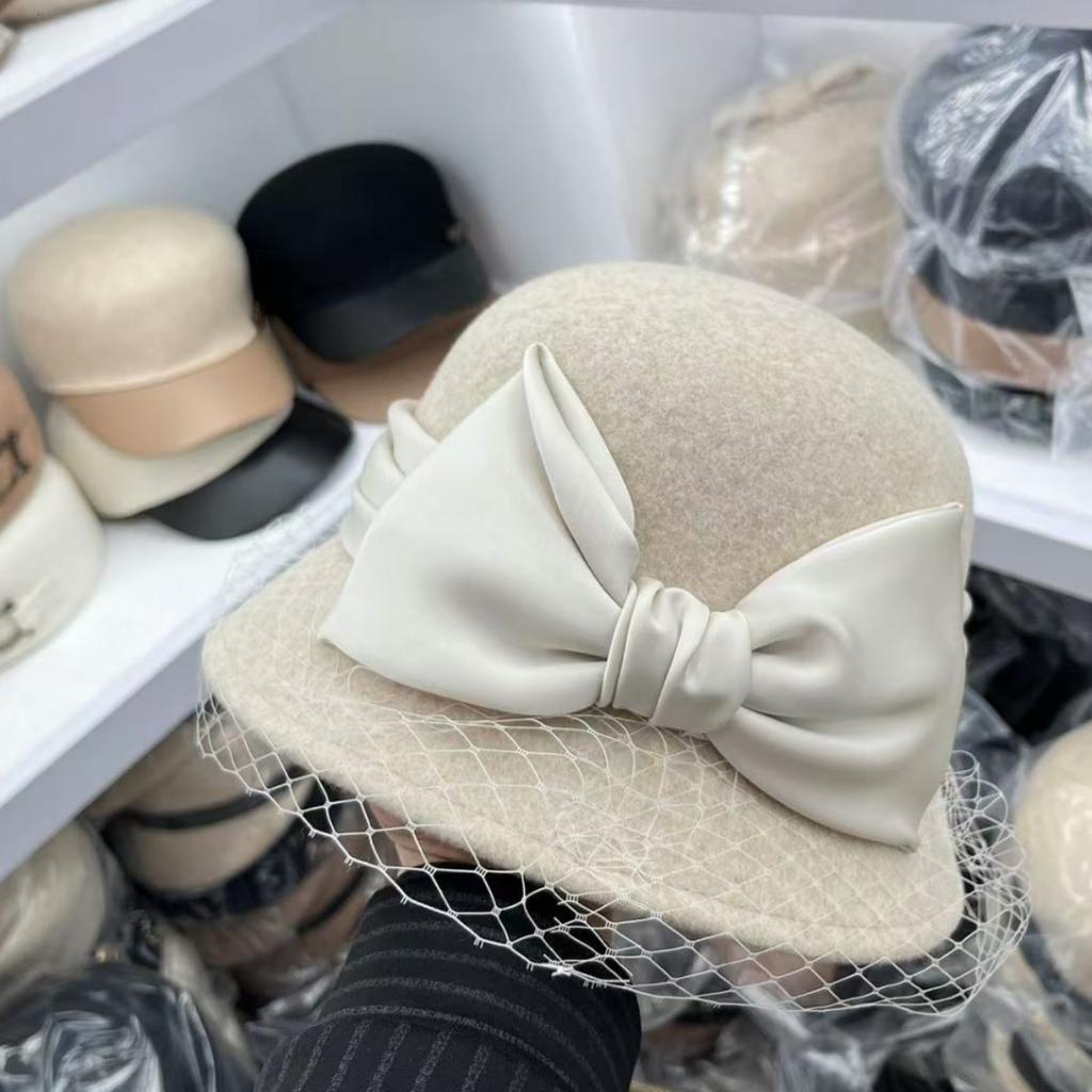 French elegant mesh bow 100% wool bucket hat women's autumn and winter Hepburn basin hat temperament celebrity top hat