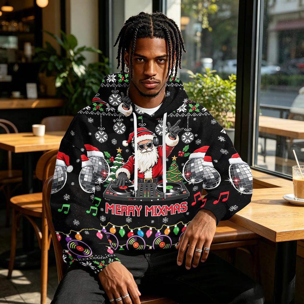 Men's Christmas Print Hoodie with Pocket for Casual Athletic Wear