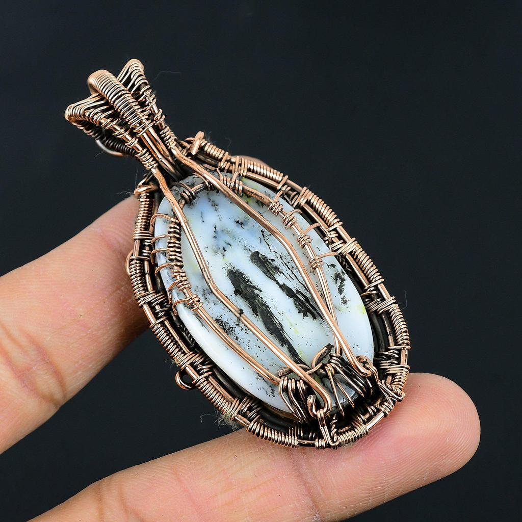 Handmade Tree of Life Copper Wire Wrapped Pendant Dendritic Opal & Moonstone Gemstone Pendant Jewelry for Women