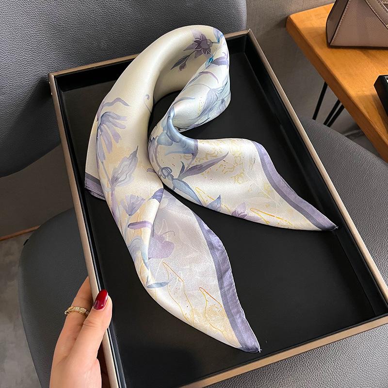 Pure Silk Scarf Women Elegant Floral Printed Small Square Neck Kerchief Bandana Female Echarpe Luxury Hairbands  Spring