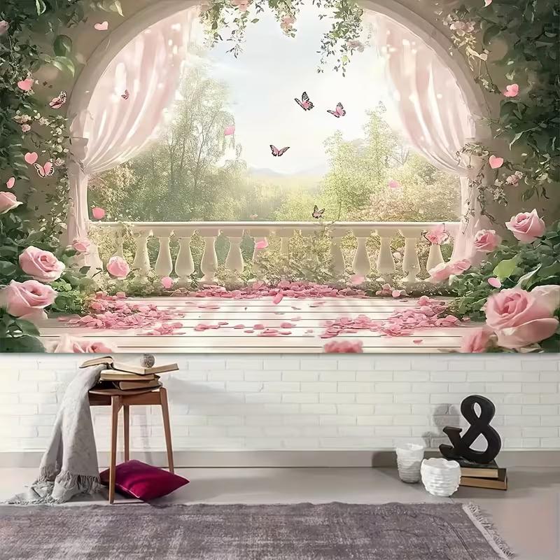 Rosa Rose Balkon-Wandteppich, Romantischer Blumiger Schmetterlings-Hintergrundstoff, Hochzeitsfeier-Kulisse