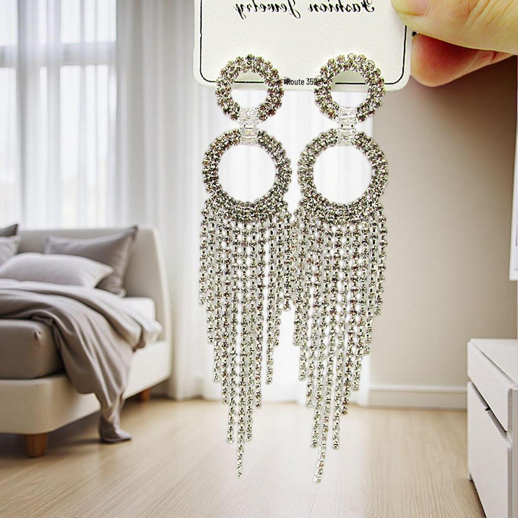 Exaggerated Trendy Long Tassel Rhinestone Circle Dangle Earrings with Micro-Pavé, Cross-Border Fashion High-End Design.