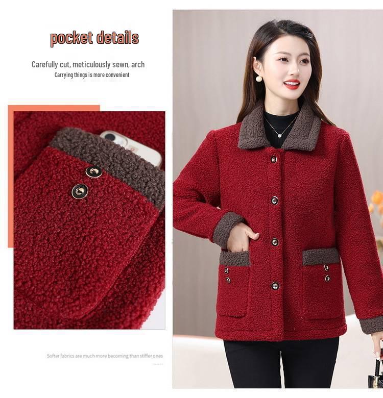 Women's Fleece Lapel Coat - Winter Casual Lamb Wool for Middle-Aged & Elderly